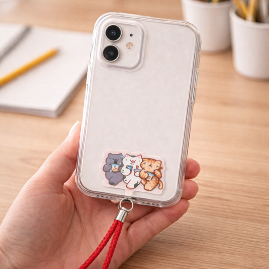Boba Cat Friends Phone Strap Attachment attaching to a smartphone